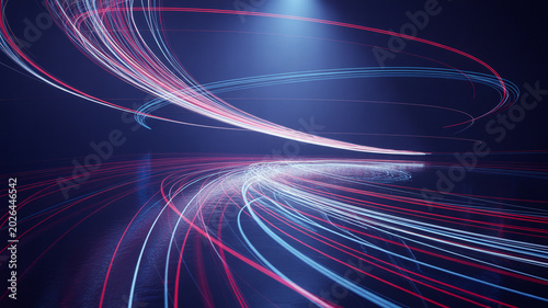 A vibrant abstract image of colorful light trails at night