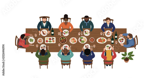 Diverse group of multicultural people gathered around a long wooden table for a communal dinner party with dishes.