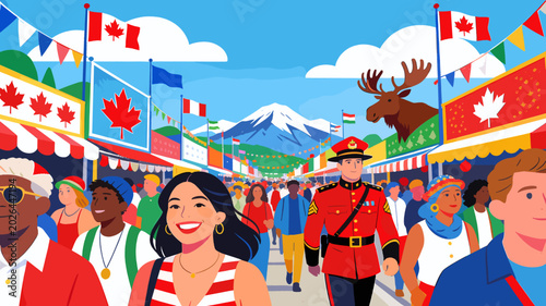 Fotografía A vibrant Canadian street fair celebrating national pride with diverse people, Mountie, moose, and maple leaf motifs under a bright sky