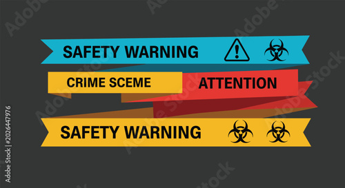 Colorful safety warning and crime scene tape banners with biohazard and caution symbols on a dark grey background for site security.