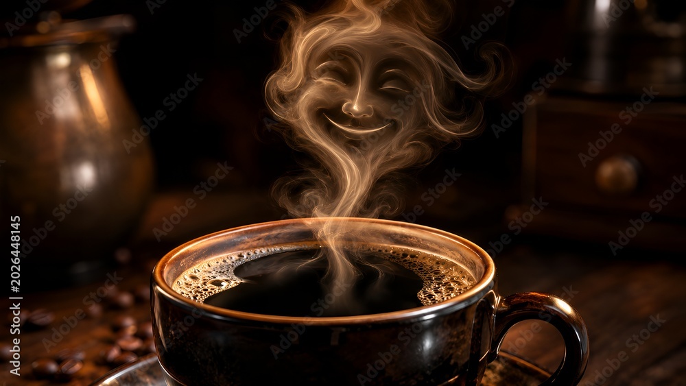 Fototapeta premium Hot Coffee Cup with Smiling Steam Face on Dark Background