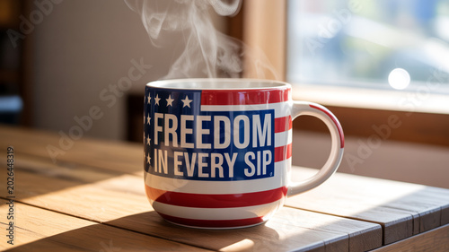 A steaming cup of coffee in a patriotic mug on a wooden table