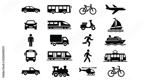 Collection of various black transportation icons featuring vehicles and navigation symbols on a clean background