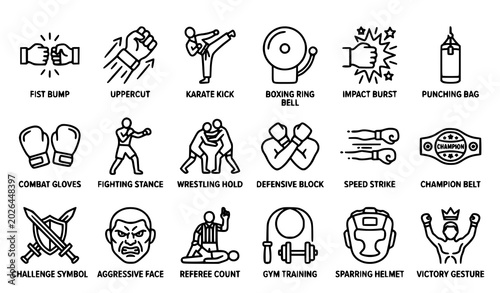 Fotografía Combat Sports Outline Icons Collection with Editable Stroke Vector Design