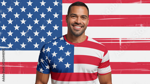 A smiling man wearing an American flag t-shirt standing in front of a large US flag