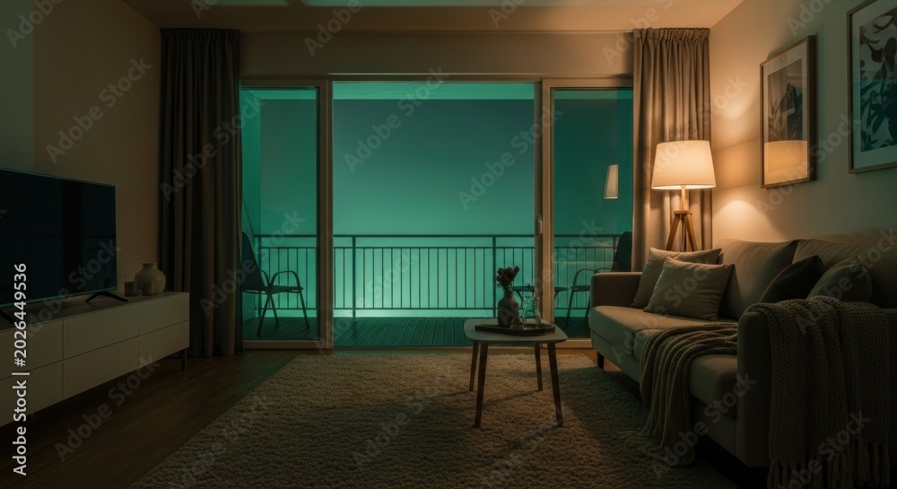 Fototapeta premium Unearthly Green Glow Illuminates a Quiet, Modern Living Room at Night.