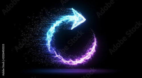 Glowing particle arrow encircles in a vibrant cycle of light