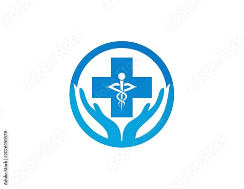 Medical symbol with hands in supportive circle, blue gradient