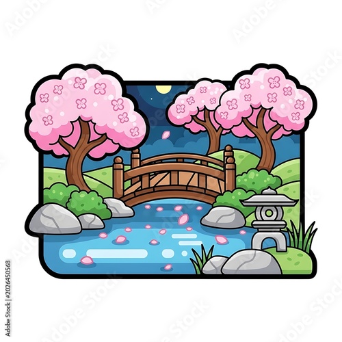 Serene Japanese garden scene with blooming cherry trees at night