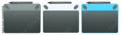 Set of stylus graphic tablets shown in top and angled view, isolated on white background, concept of digital drawing tool