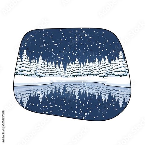 Snowy forest scene reflected in frozen water under starlight