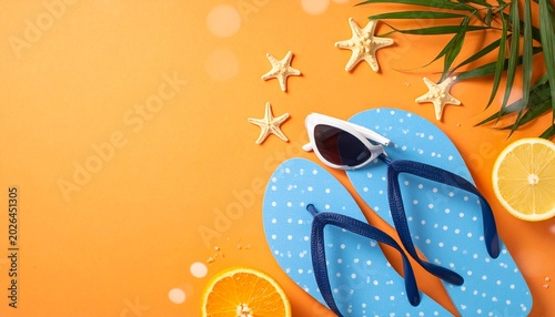Summer vacation essentials blue flip flops sunglasses starfish and fresh fruit on orange background
