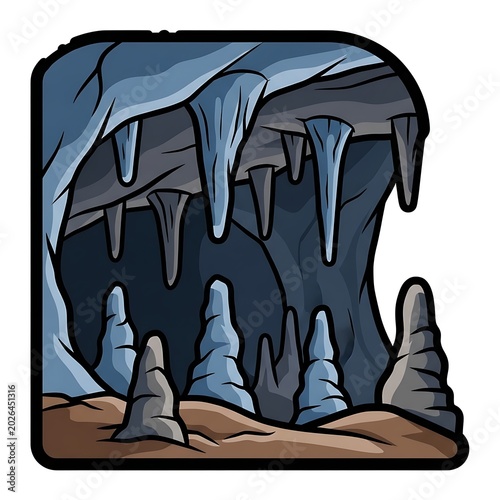 Stylized cave interior with prominent stalactites and stalagmites