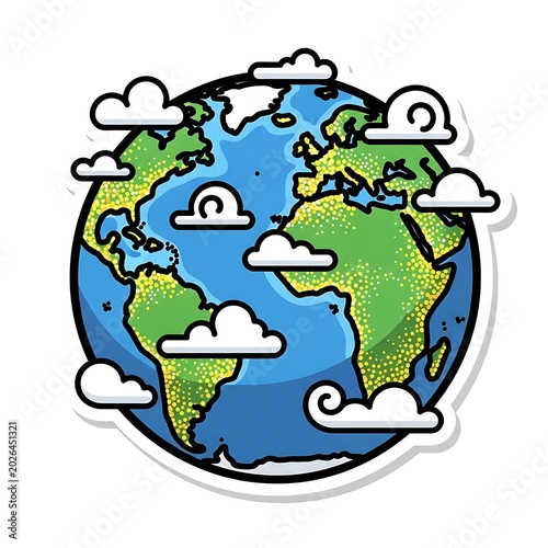 Stylized globe with continents and puffy white clouds drifting