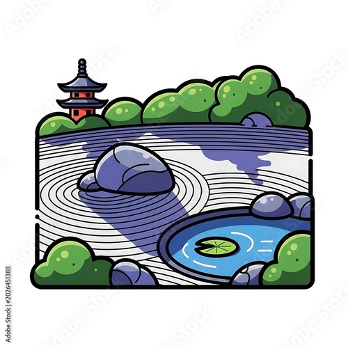Stylized Japanese garden with pagoda, rocks, and tranquil water features