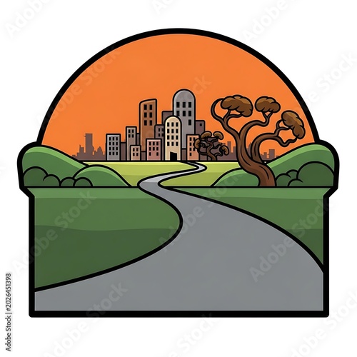 Stylized sunset over a city skyline with a winding road