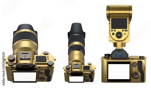 Set of DSLR cameras with large lens and flash units in black, silver, and gold isolated on white background.