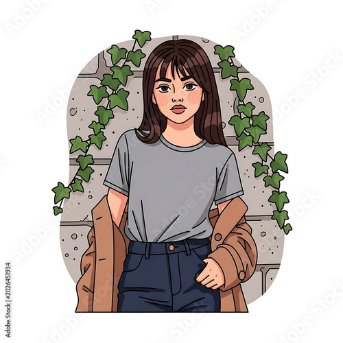 Young woman in casual attire leans against a stone wall with ivy