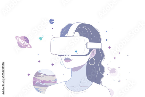 Fotografija Woman wearing VR headset experiencing virtual space with planets and stars aroun