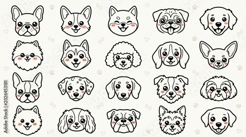 Billede på lærred Collection of Cute Dog Faces Hand Drawn Style.