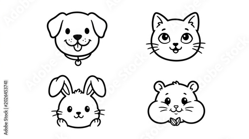 Tableau sur toile Cute Cartoon Animal Faces Collection Dog Cat Rabbit Hamster.