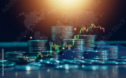 Global finance and stock trading concept with world map, candlestick chart and coin stacks representing international investment, economic trends, digital markets and financial analytics.