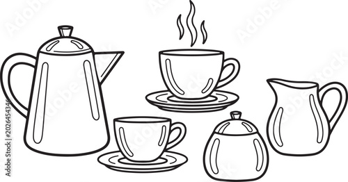 Cuadro en lienzo A sophisticated black line-art illustration featuring a teapot, two cups (one st