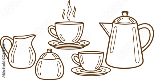 Cuadro en lienzo A sophisticated brown line-art illustration featuring a teapot, two cups (one st