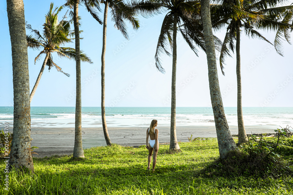 Fototapeta premium Person stands among green grass and palm trees by the sea