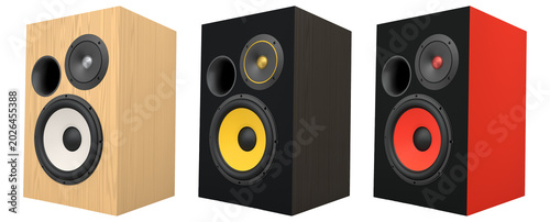 Set of stylish wooden speakers isolated on white background, concept of home audio and music equipment