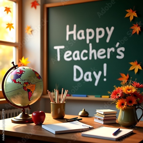 Happy Teacher's Day! Greeting card for Teacher's Day. School board, autumn leaves, globe, and stationery. Autumn festival.