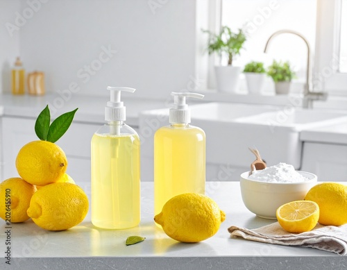 Eco friendly cleaning supplies with lemons on a kitchen countertop with natural light