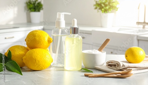 Eco friendly cleaning supplies and lemons on a kitchen countertop with natural light