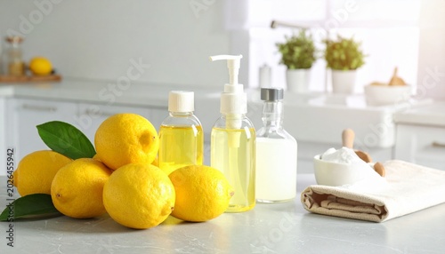 Eco friendly cleaning supplies and lemons on a kitchen countertop with natural light
