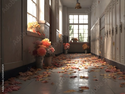 Happy Teacher's Day! Greeting card for Teacher's Day. School hallway with autumn leaves and bouquets of flowers for teachers