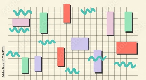 Retro Memphis Style Geometric Pattern with Wavy Lines and Grid Background.