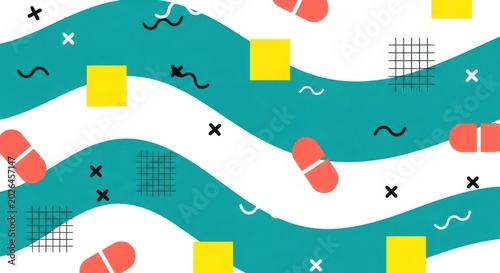 Abstract Geometric Pattern with Wavy Lines and Shapes.