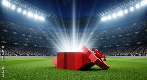 World cup football celebration open gift box with stadium lights and crowded stands