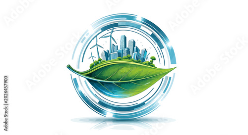 Eco-friendly city concept with green leaf and wind turbines.