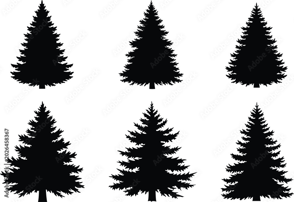 Fototapeta premium Evergreen pine tree silhouette set featuring fir forest trees, black nature vector icons collection isolated on white background
