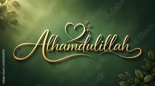 Elegant Gold Script Alhamdulillah Text with Heart Motif on Green Gradient