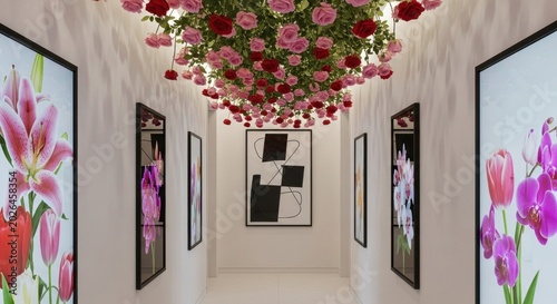 Modern Gallery Hallway with Hanging Pink and Red Roses Ceiling and Diverse Framed Floral Art