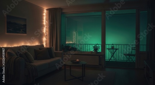 Cozy Living Room with String Lights and Moody Green Balcony View at Dusk
