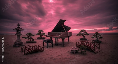 Surreal Grand Piano & Bonsai Garden on Sandy Shore Under Dramatic Magenta Sunset Sky