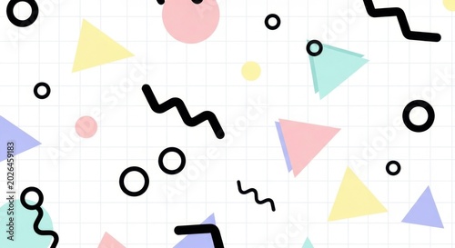 Retro Memphis Style Pattern with Pastel Shapes and Wavy Lines.