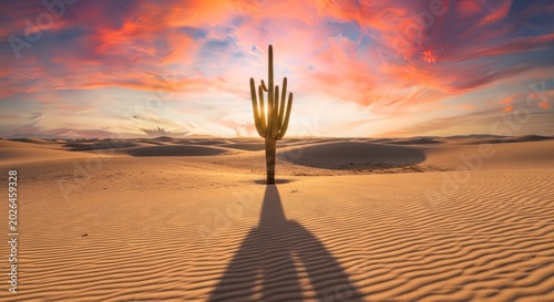 Saguaro Silhouette: Desert Sunset with Striated Sand Dunes and Fiery Sky