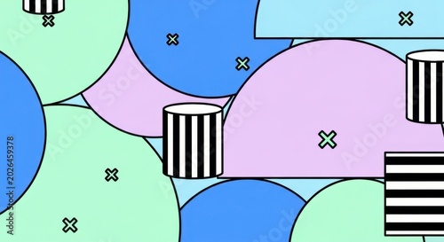 Abstract Geometric Pattern with Pastel Circles and Cylinders.