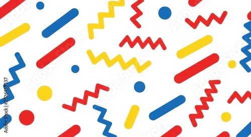 Retro Memphis Style Pattern with Geometric Shapes and Zigzags.