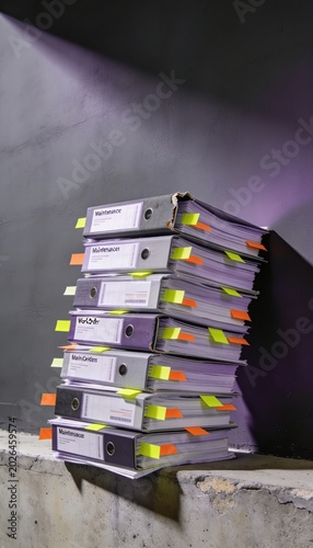 Tall stack of maintenance binders and service manuals with colorful tabs on a concrete ledge for facility management, property maintenance and industrial b2b advertising