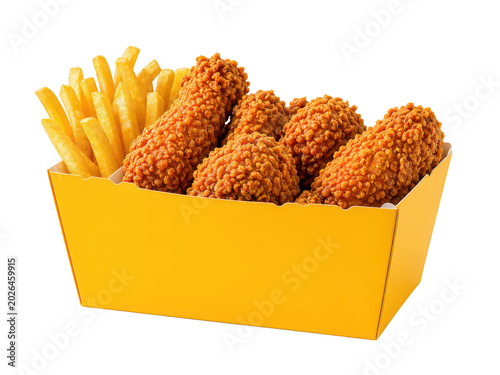 Fried Chicken and French Fries in Yellow Box: Crispy fried chicken pieces and golden french fries are presented in a bright yellow takeaway box, a classic fast-food combination ready to be enjoyed.